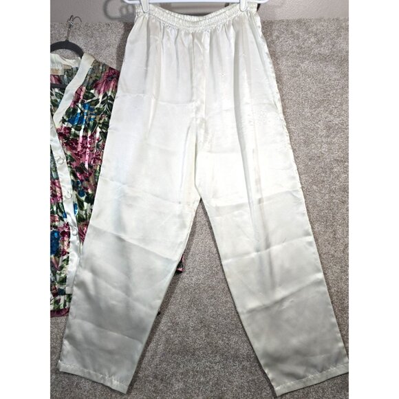 Victoria's Secret 2 Pc Vtg 90s Satin Floral Pajama Set Top Pants Ivory Women's L - Picture 4 of 16